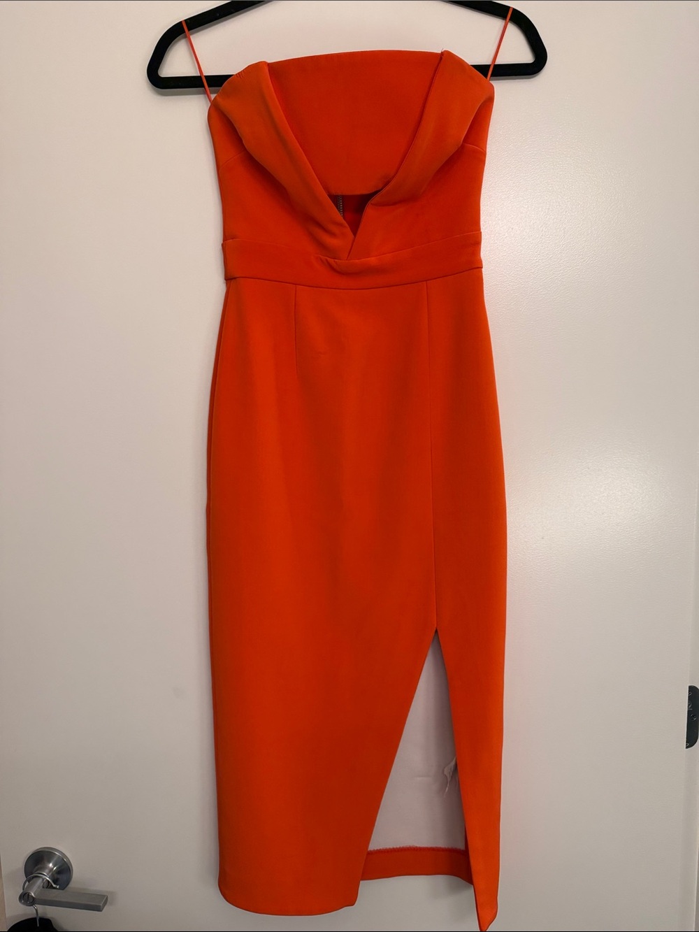 NICHOLAS Orange Coral Red Silk Strapless Cutout Front Slit Cocktail Dress Size 2 - Picture 2 of 15